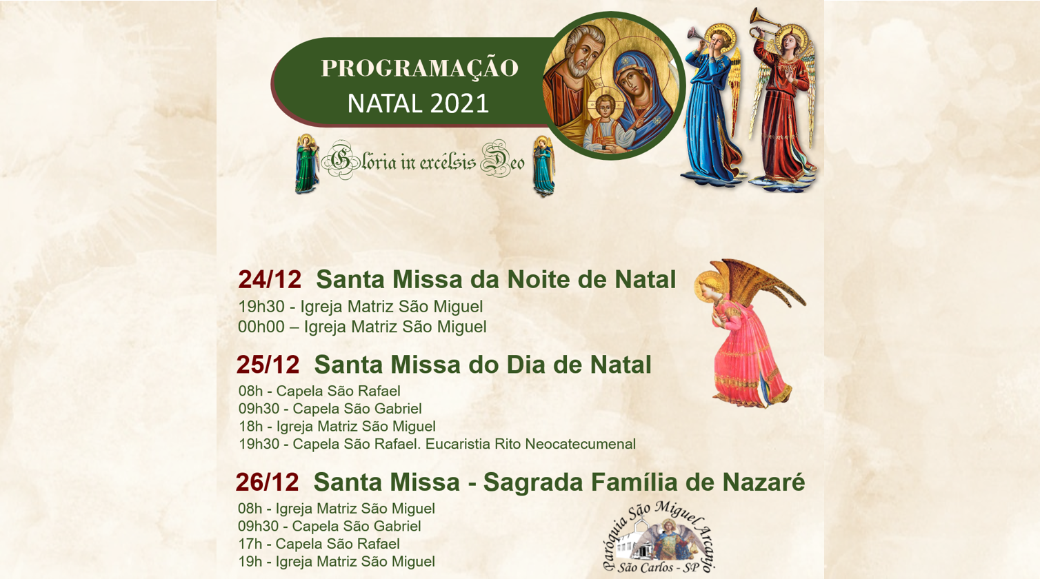 Confira as missas de Natal na Paróquia São Miguel Arcanjo -
