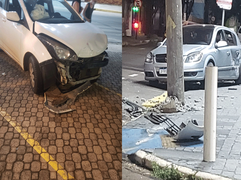 Após colisão, carro atinge poste no Centro de São Carlos